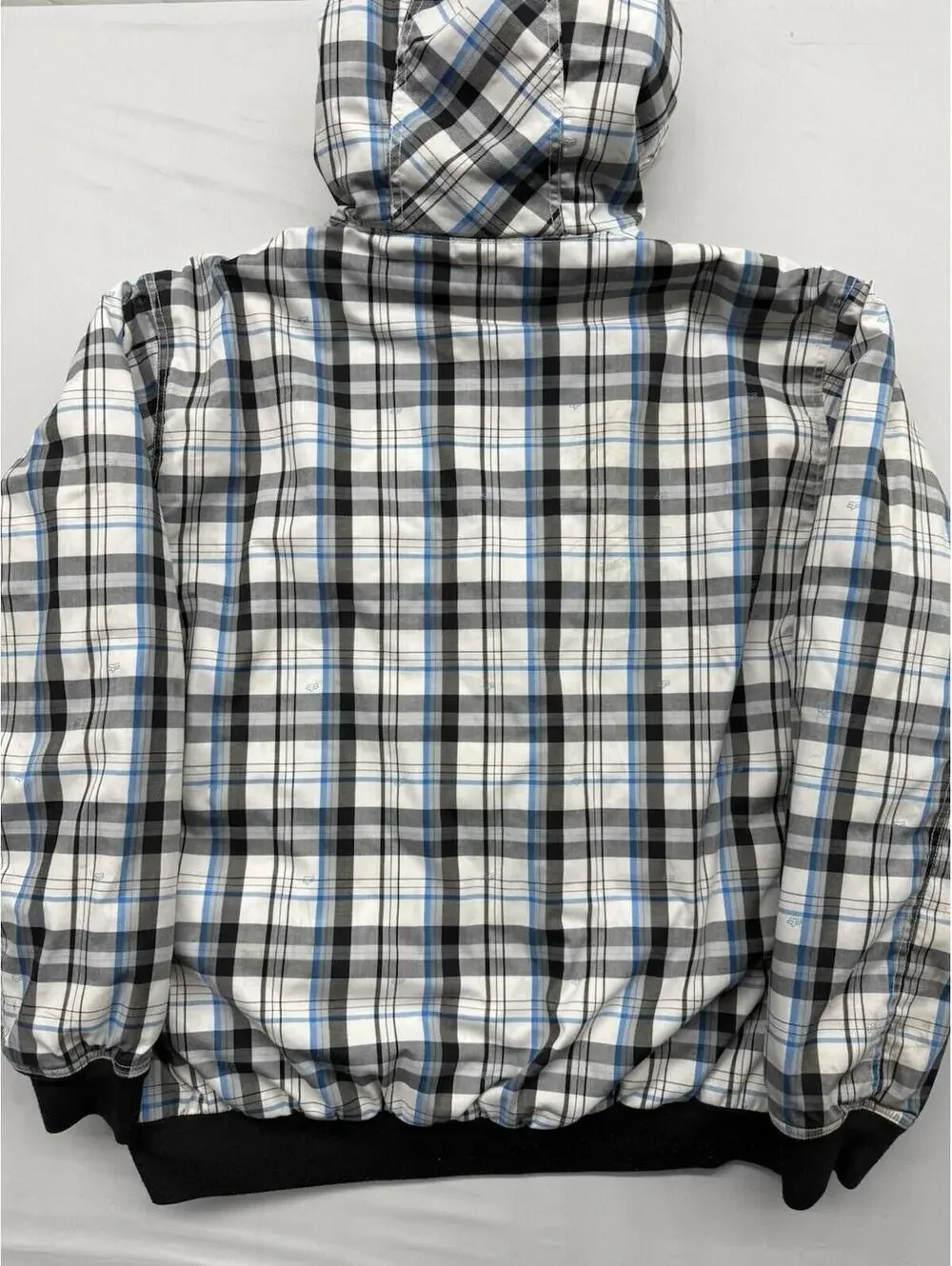 VTG Fox Racing Plaid Hooded Bomber Jacket Black Y2K Moto Skating Coat Men’s Xl